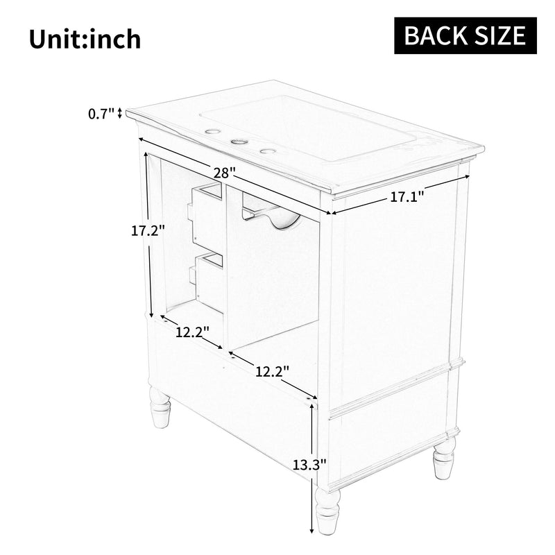 30" Bathroom Vanity With Sink, 3 Drawers, Adjustable Feet