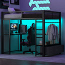 Full Size Gaming Loft Bed With LED Desk, Open Wardrobe, 3 Linen Storage Drawers - Black