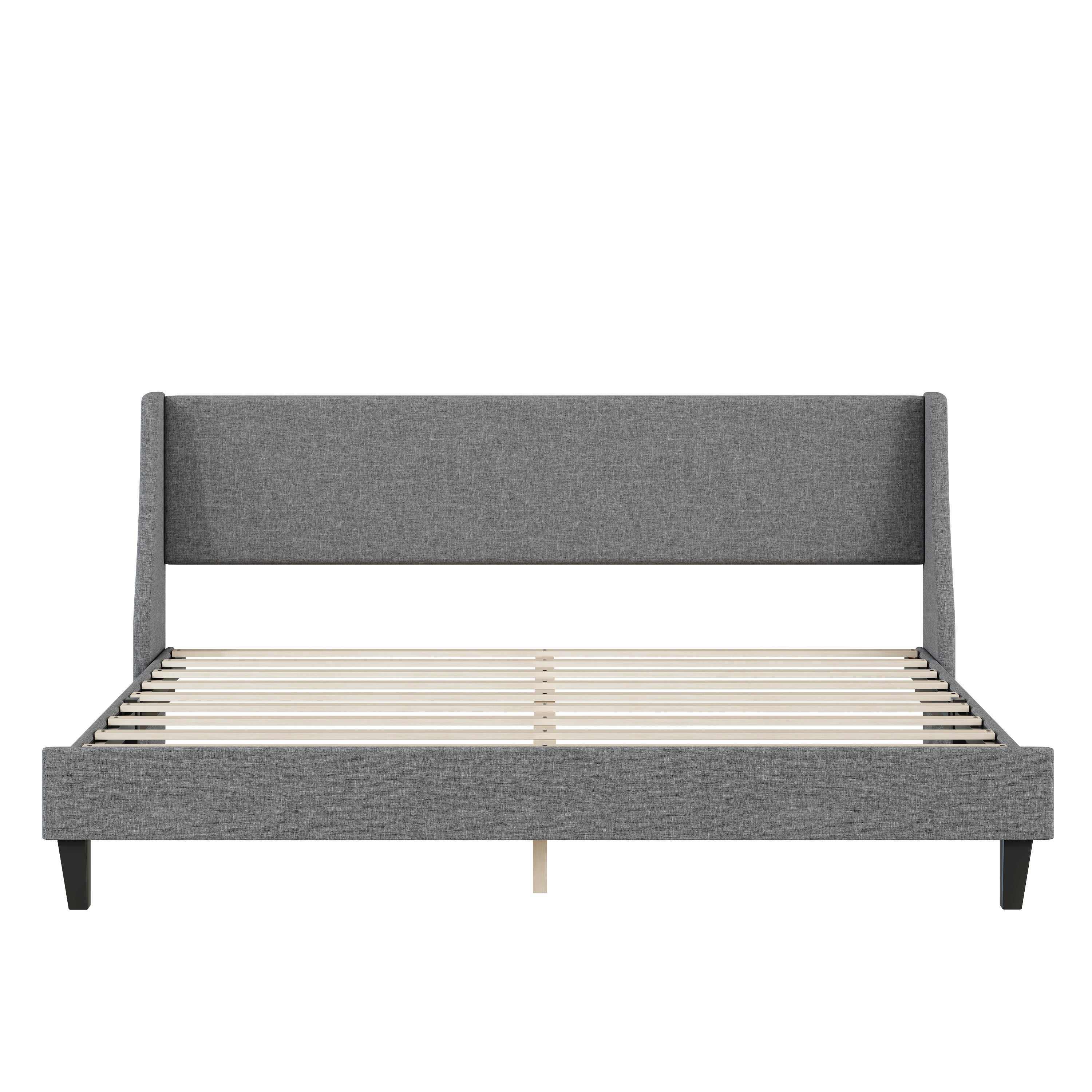 King Size Bed Frame Upholstered Bed Frame Platform ,Non-adjustable Headboard Linen Fabric Headboard Wooden Slats Support/No Box Spring Needed/Easy Assembly/Mattress Foundation, Light gray