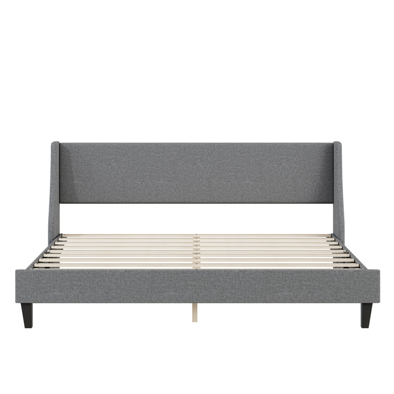 King Size Bed Frame Upholstered Bed Frame Platform ,Non-adjustable Headboard Linen Fabric Headboard Wooden Slats Support/No Box Spring Needed/Easy Assembly/Mattress Foundation, Light gray