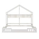 Twin Size Platform Bed With Shared Design, Guardrails, And Built In Shelves - Creamy White