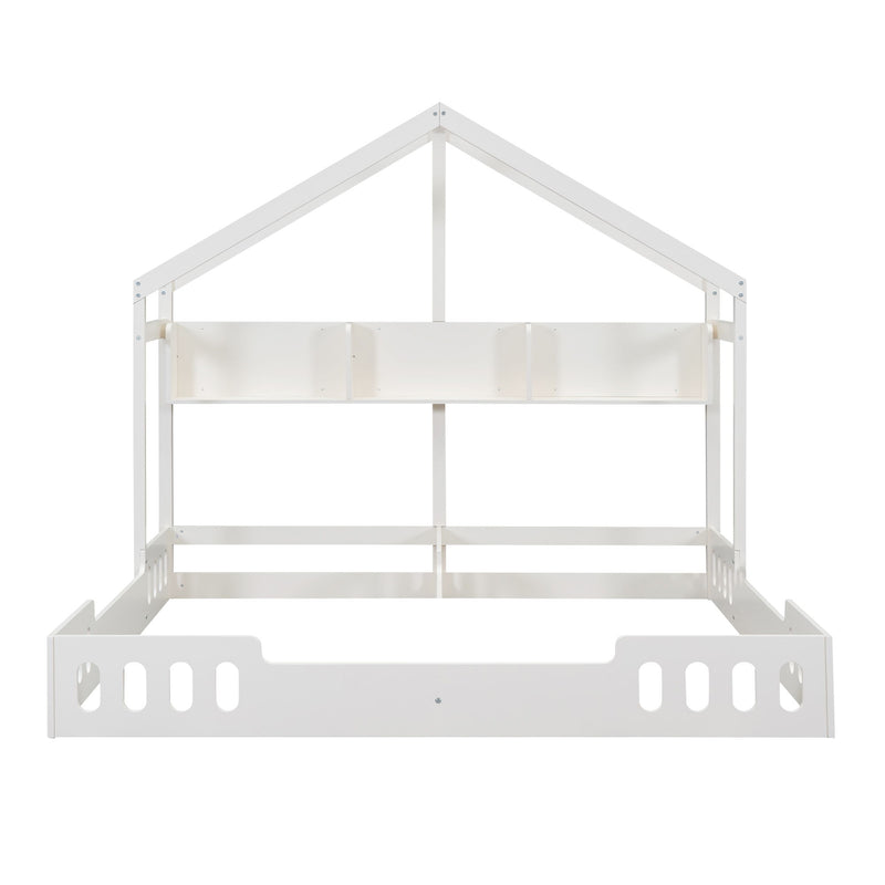 Twin Size Platform Bed With Shared Design, Guardrails, And Built In Shelves - Creamy White
