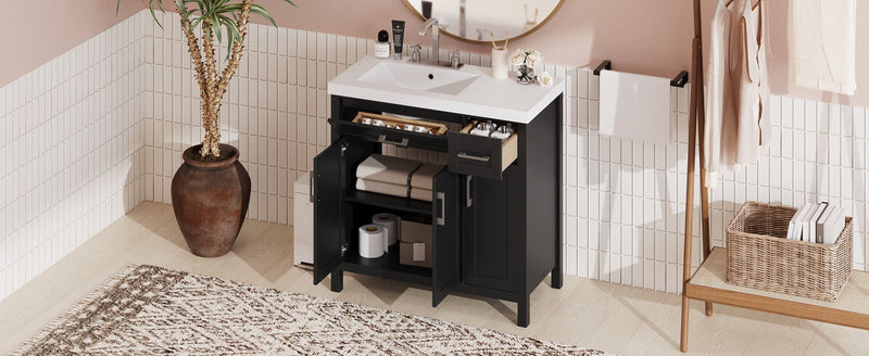 Bathroom Vanity Cabinet With Resin Integrated Sink - 2 Drawers, 3 Doors