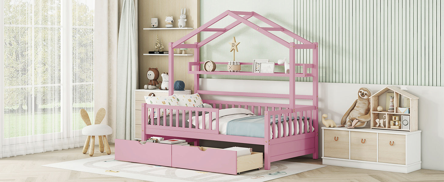 Wooden Twin Size House Bed with 2 Drawers,Kids Bed with Storage Shelf, Pink - Atlantic Fine Furniture Melbourne FL