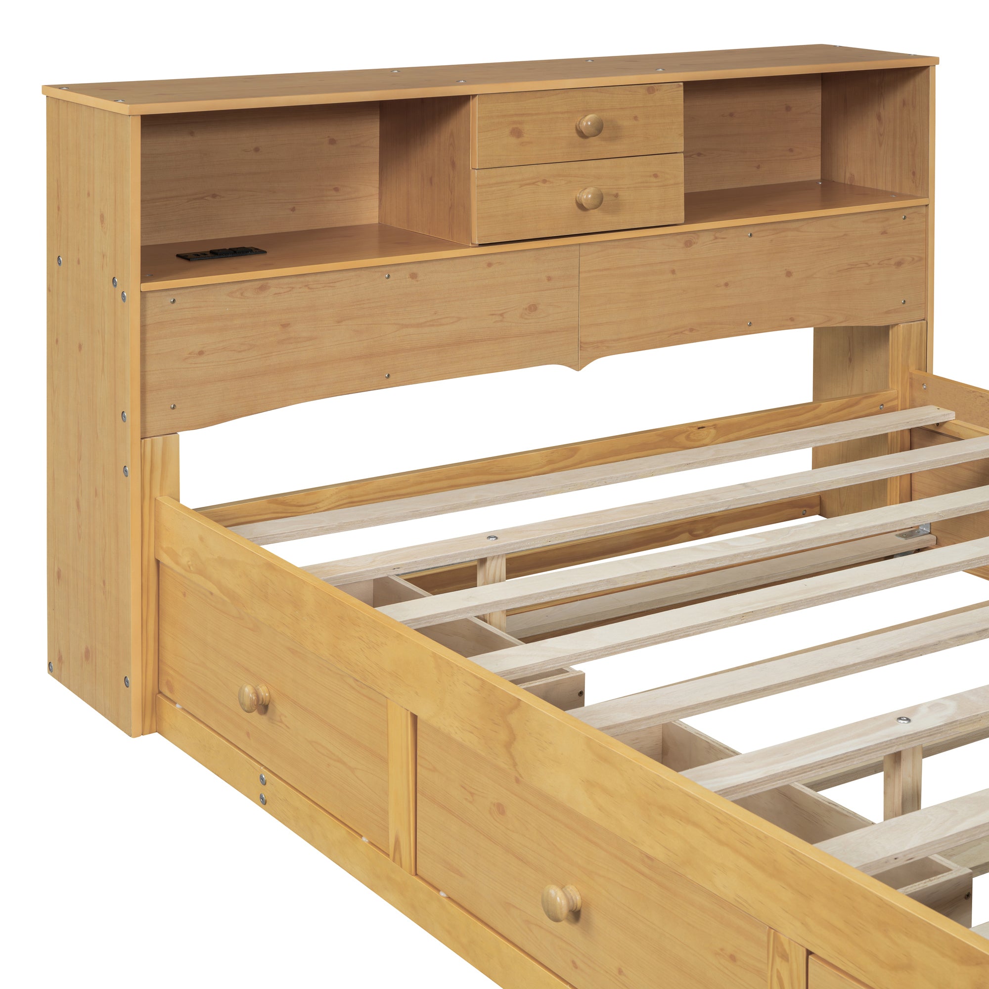 Full Size Wood Pltaform Bed with Twin Size Trundle, 3 Drawers, Upper Shelves and a set of USB Ports & Sockets, Natural - Atlantic Fine Furniture Melbourne FL
