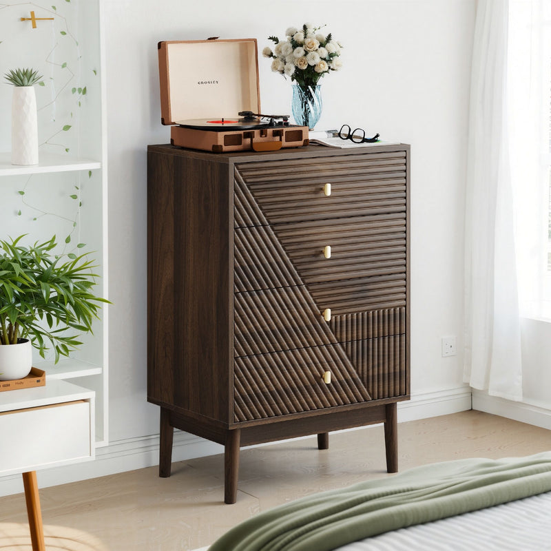 Modern 4 Drawer Dresser Chest For Living Room, Bedroom, Corridor Wooden Storage Cabinet - Walnut