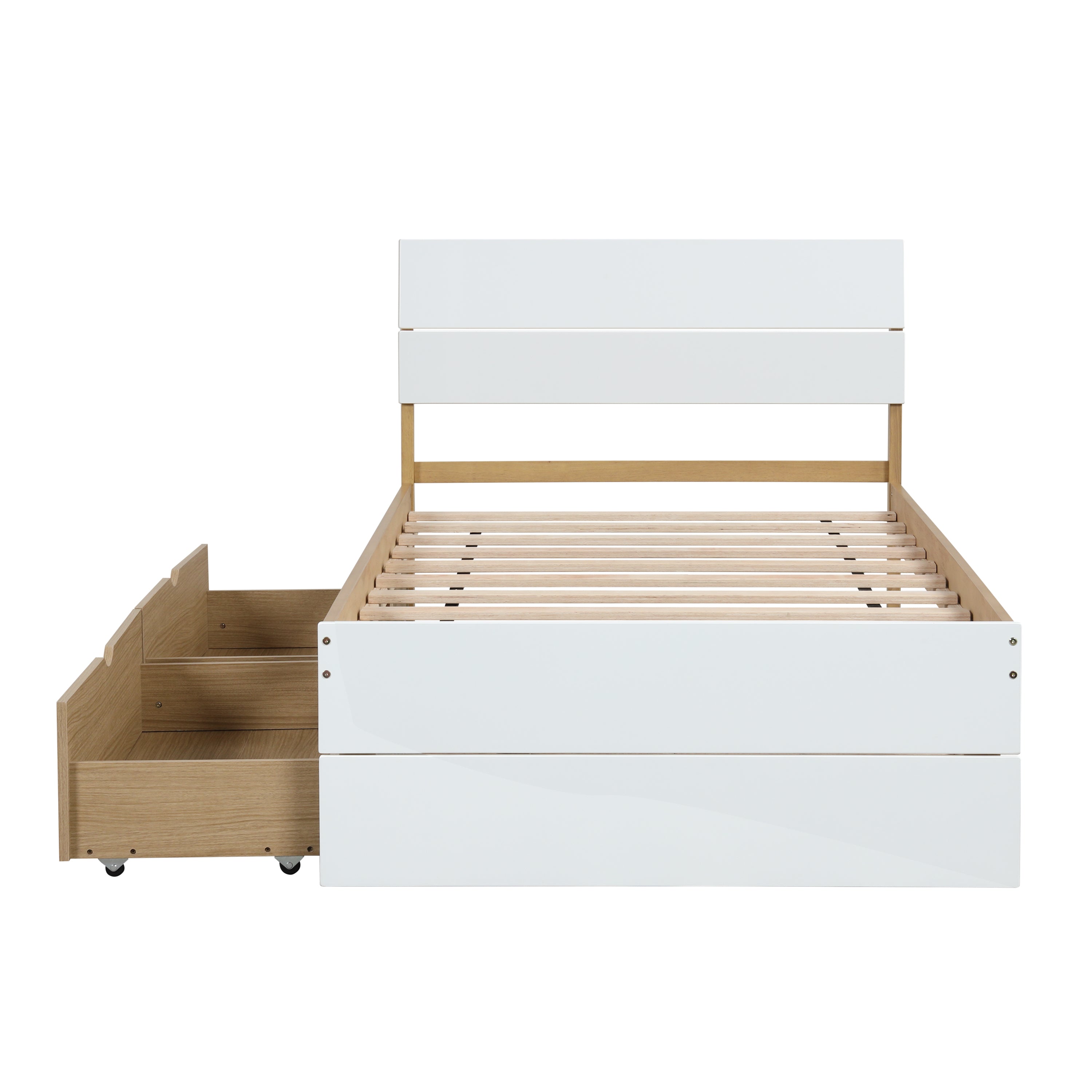Modern Twin Bed Frame With 2 Drawers For White High Gloss Headboard and Footboard With Light Oak Color