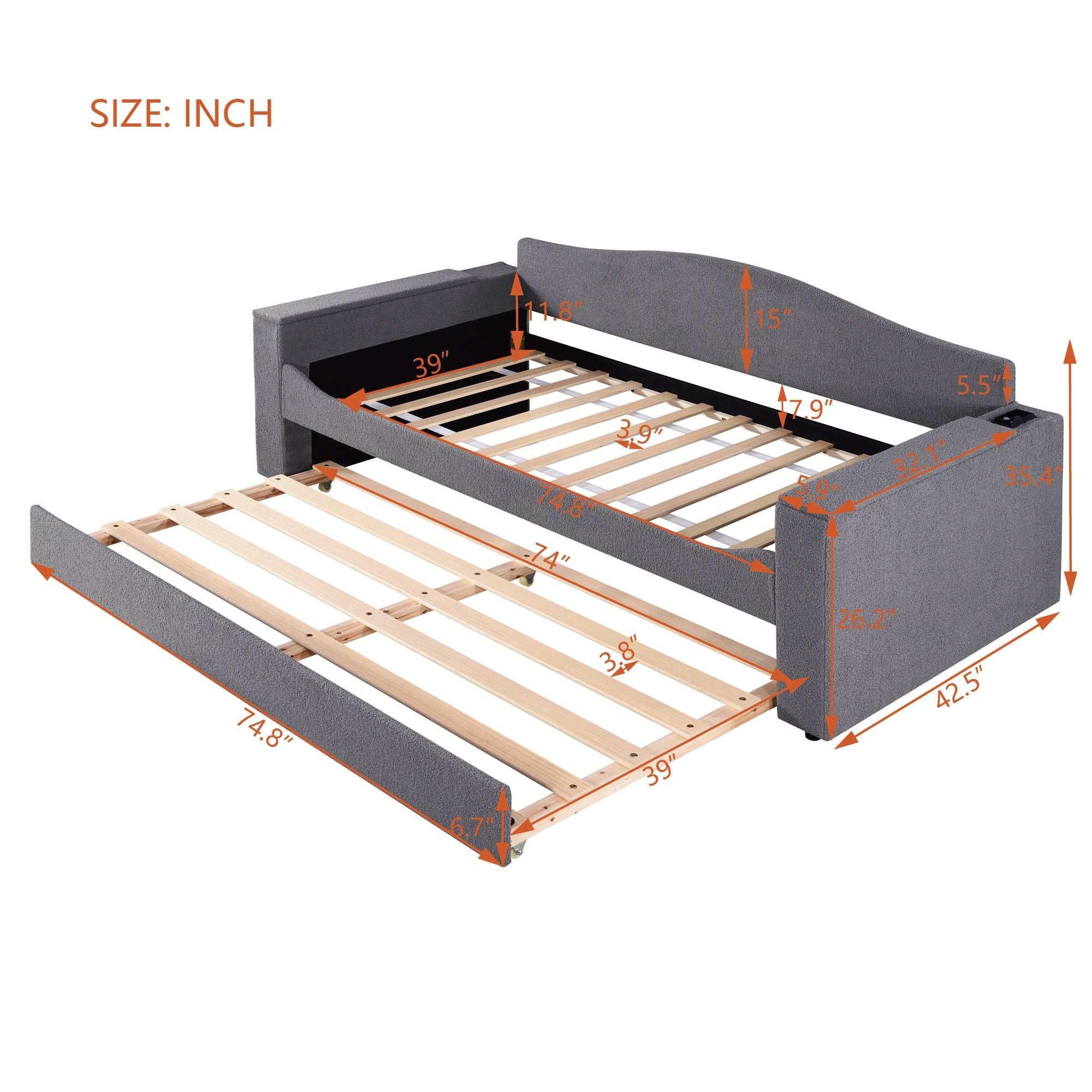 Twin Size Upholstered Daybed with Storage Armrests, Trundle and Latest Integrated Bluetooth Audio System, Teddy Fleece, Gray - Atlantic Fine Furniture Melbourne FL