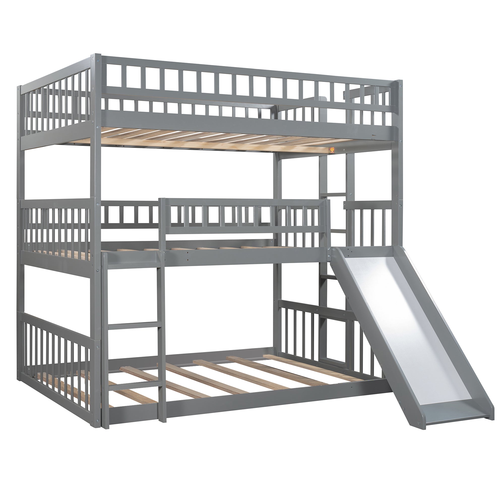 Full-Over-Full-Over-Full Triple Bed with Built-in Ladder and Slide , Triple Bunk Bed with Guardrails, Gray(OLD SKU :LP000052AAE) - Atlantic Fine Furniture Melbourne FL
