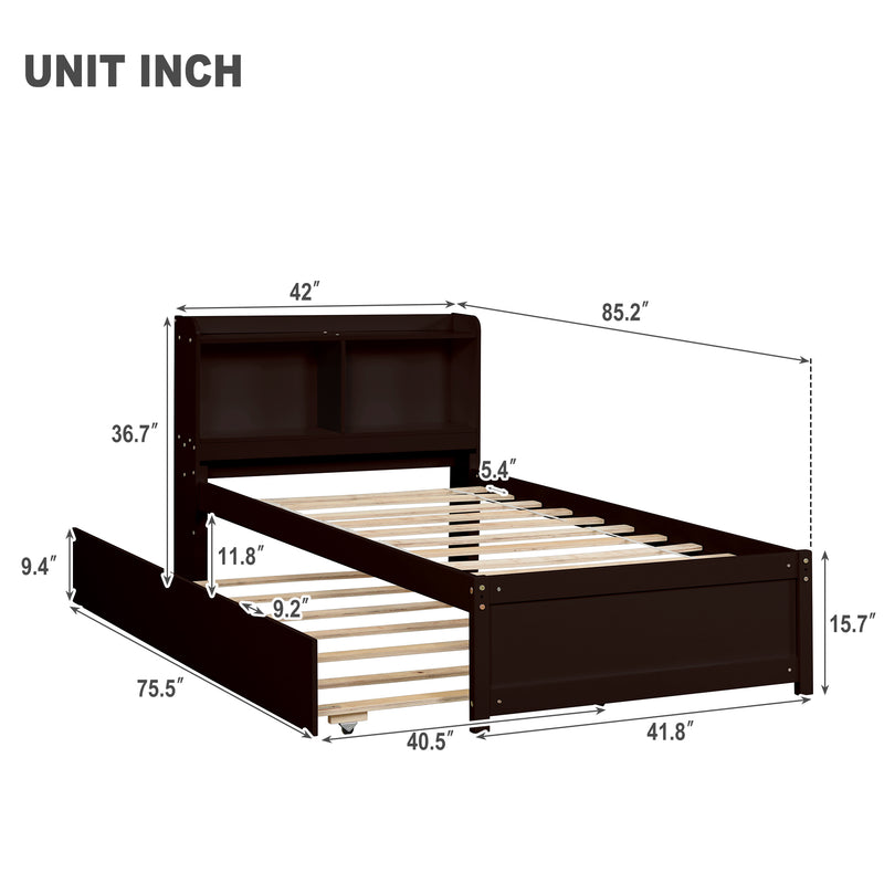 Twin Bed with Trundle,Bookcase,Espresso