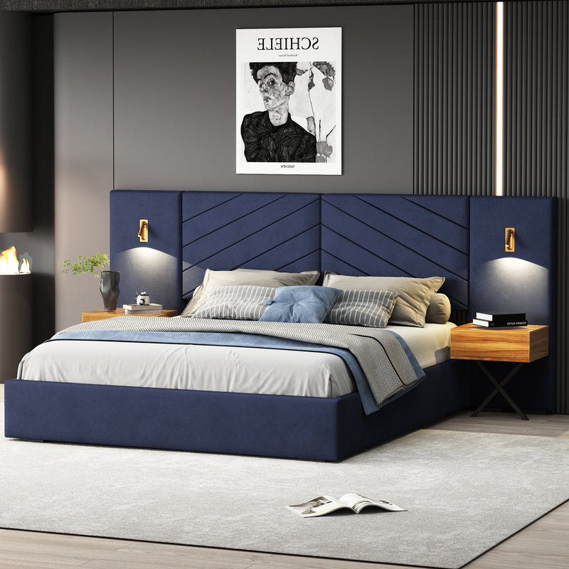 King Size Velvet Bed Frame/Vertical Channel Tufted Wingback Headboard/Upholstered Platform Bed/Strong Wooden Slats/No Box Spring Needed/Easy AssemblyRoyal blue