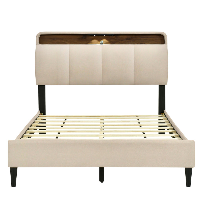 Full size Upholstered Platform Bed with Storage Headboard, Sensor Light and a set of Sockets and USB Ports, Linen Fabric, Beige