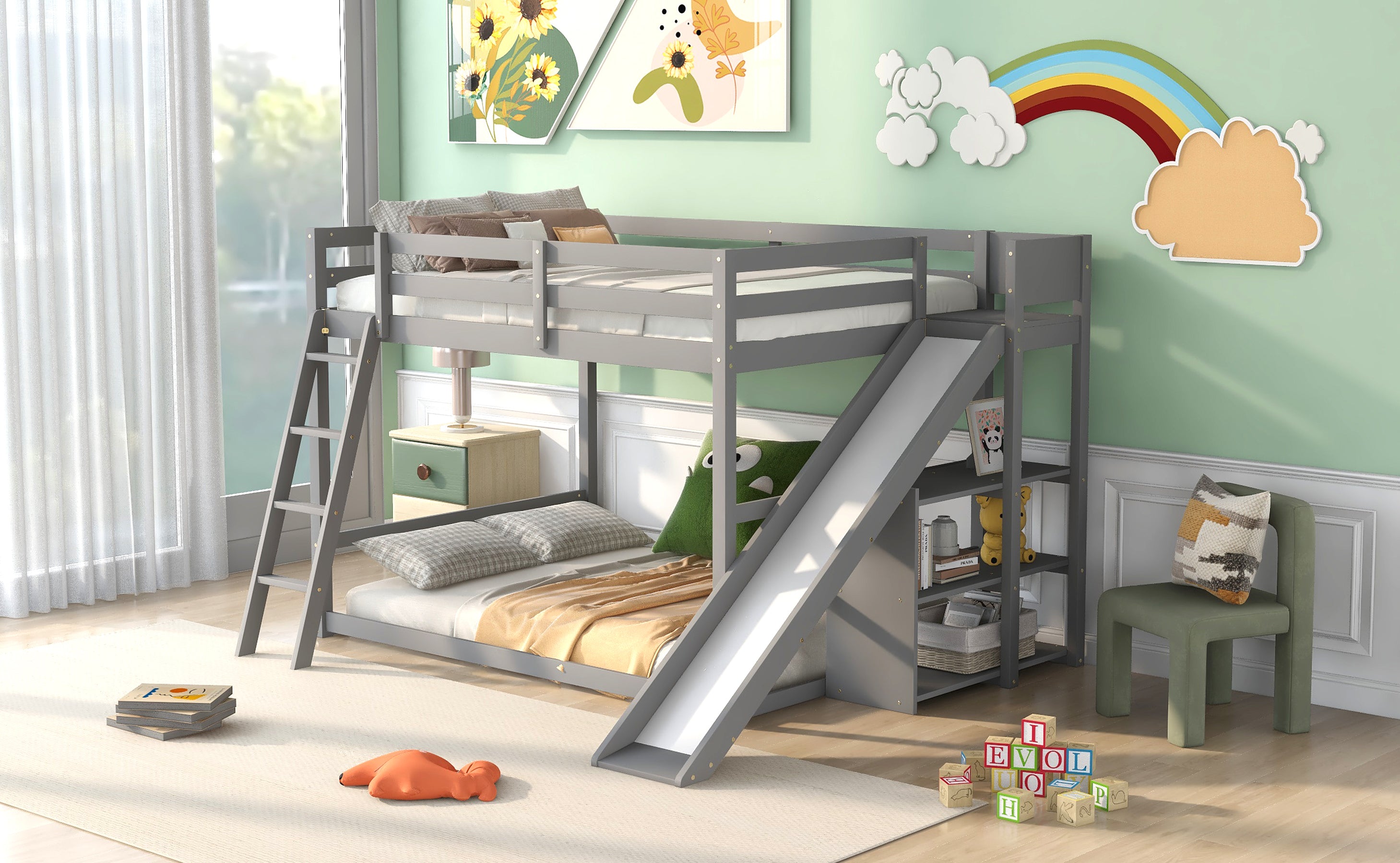 Full over Full Bunk Bed with Ladder, Slide and Shelves, Gray - Atlantic Fine Furniture Melbourne FL