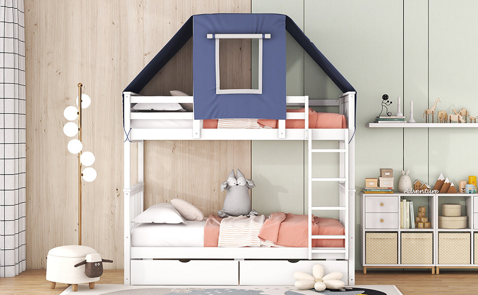 Twin Over Twin Bunk Bed Wood Bed with Tent and Drawers, White+Blue Tent - Atlantic Fine Furniture Melbourne FL