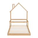 Twin House-Shaped Headboard Floor Bed with Handrails ,slats ,Natural