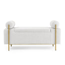 Elegant Upholstered Linen Storage Bench With Cylindrical Arms And Iron Legs, White