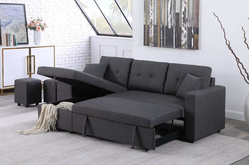 Dennis - Linen Fabric Reversible Sleeper Sectional With Storage Chaise And 2 Stools