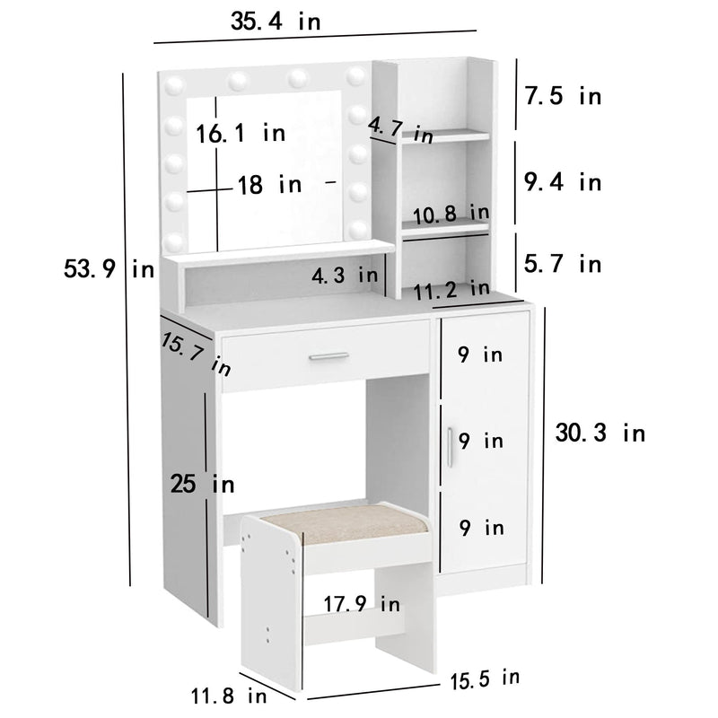 Vanity Desk With Mirror & Light, Large Drawer Three Level Storage Dresser, 3 Lighting Modes Adjustable Brightness, Bedroom Dressing Table (With Stool) - White