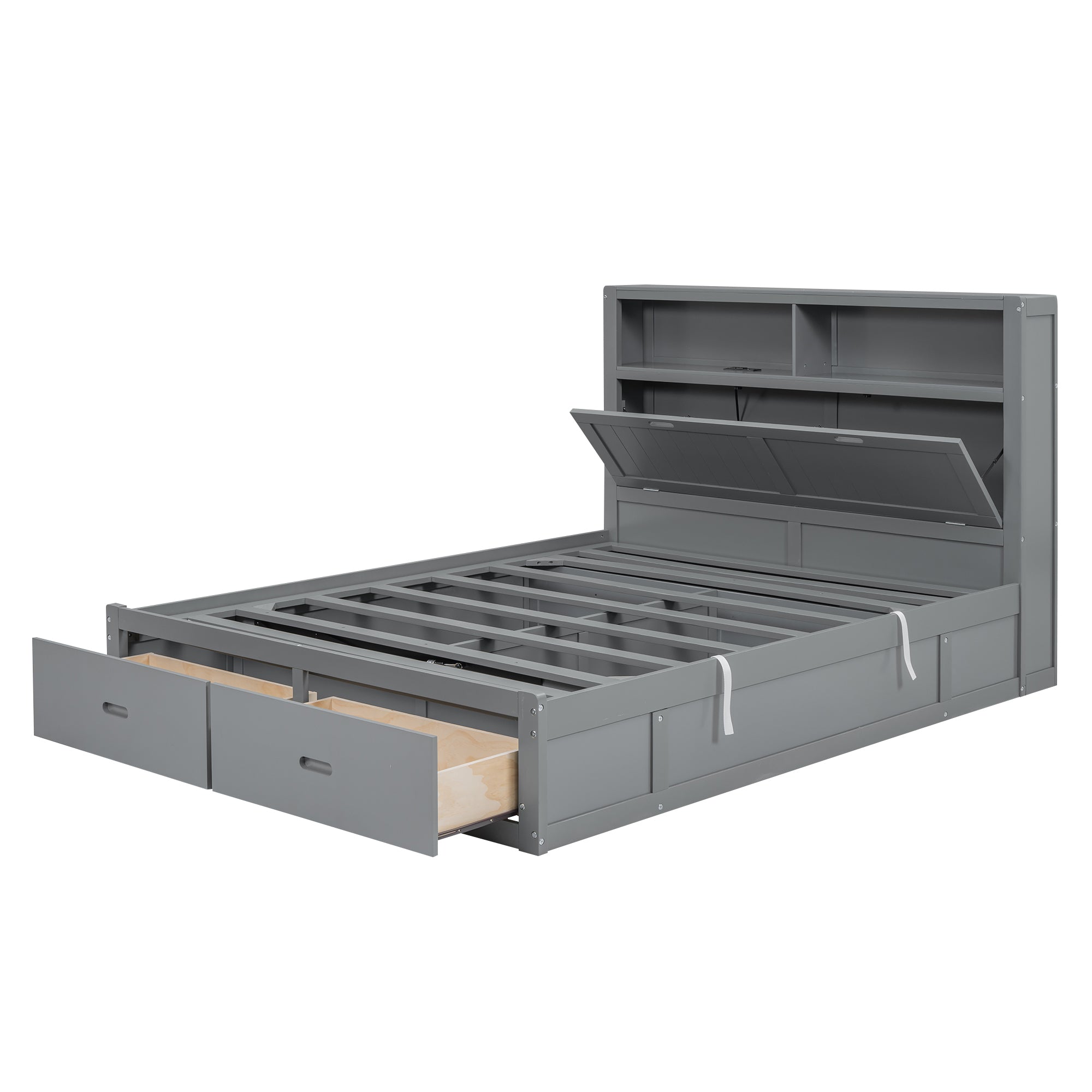 Wood Full Size Hydraulic Platform Bed with Storage LED Headboard, Charging Station and 2 Drawers, Gray - Atlantic Fine Furniture Melbourne FL