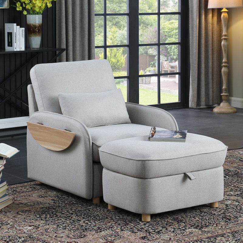 Huckleberry - Linen Accent Chair With Storage Ottoman And Folding Side Table