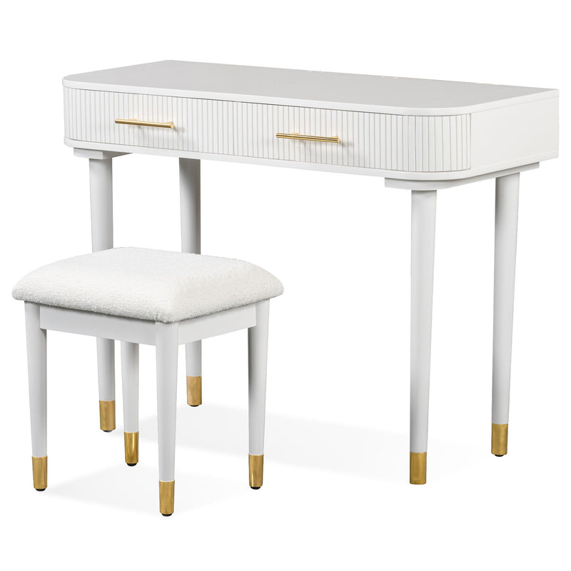 Modern Vanity Table Set With Mirror Touch Screen Lighted Mirror, Dressing Table And Cushioned Stool Set With 2 Large Drawers - White