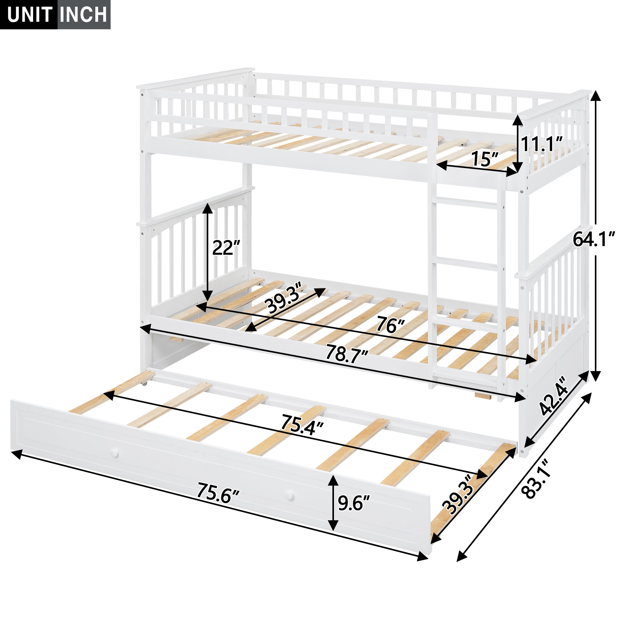 Twin over Twin Bunk Bed with Twin Size Trundle, Convertible Beds, White - Atlantic Fine Furniture Melbourne FL