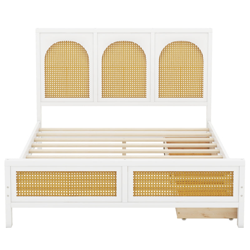 Full Size Wood Storage Platform Bed with 2 Drawers, Rattan Headboard and Footboard, White
