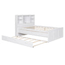 Full Size Platform Bed with Storage Headboard, Charging Station, Twin Size Trundle and 3 Drawers, Antique White