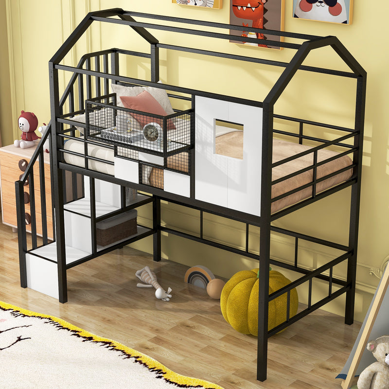 Metal Loft Bed with roof design and a storage box, Twin, Black