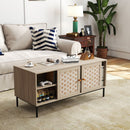 Elegant Veener Weaving Design Coffee Table With 4 Sliding Doors - Natural Wood