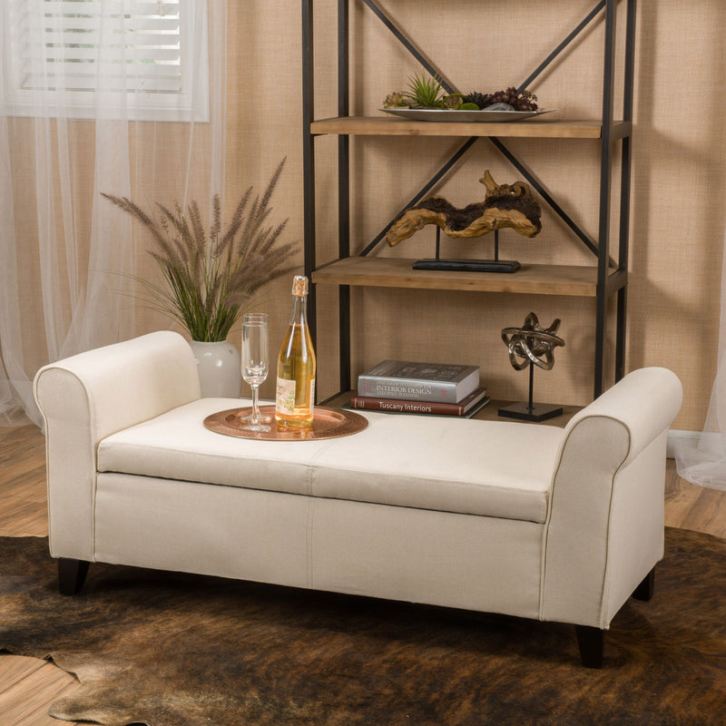 Glistening - Upholstered Storage Bench With Rolled Arms And Wood Legs - Beige