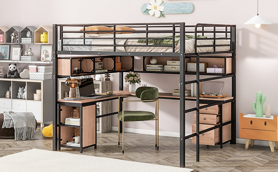 Metal Loft Bed with bookcase, desk and cabinet, Full, Black - Atlantic Fine Furniture Melbourne FL