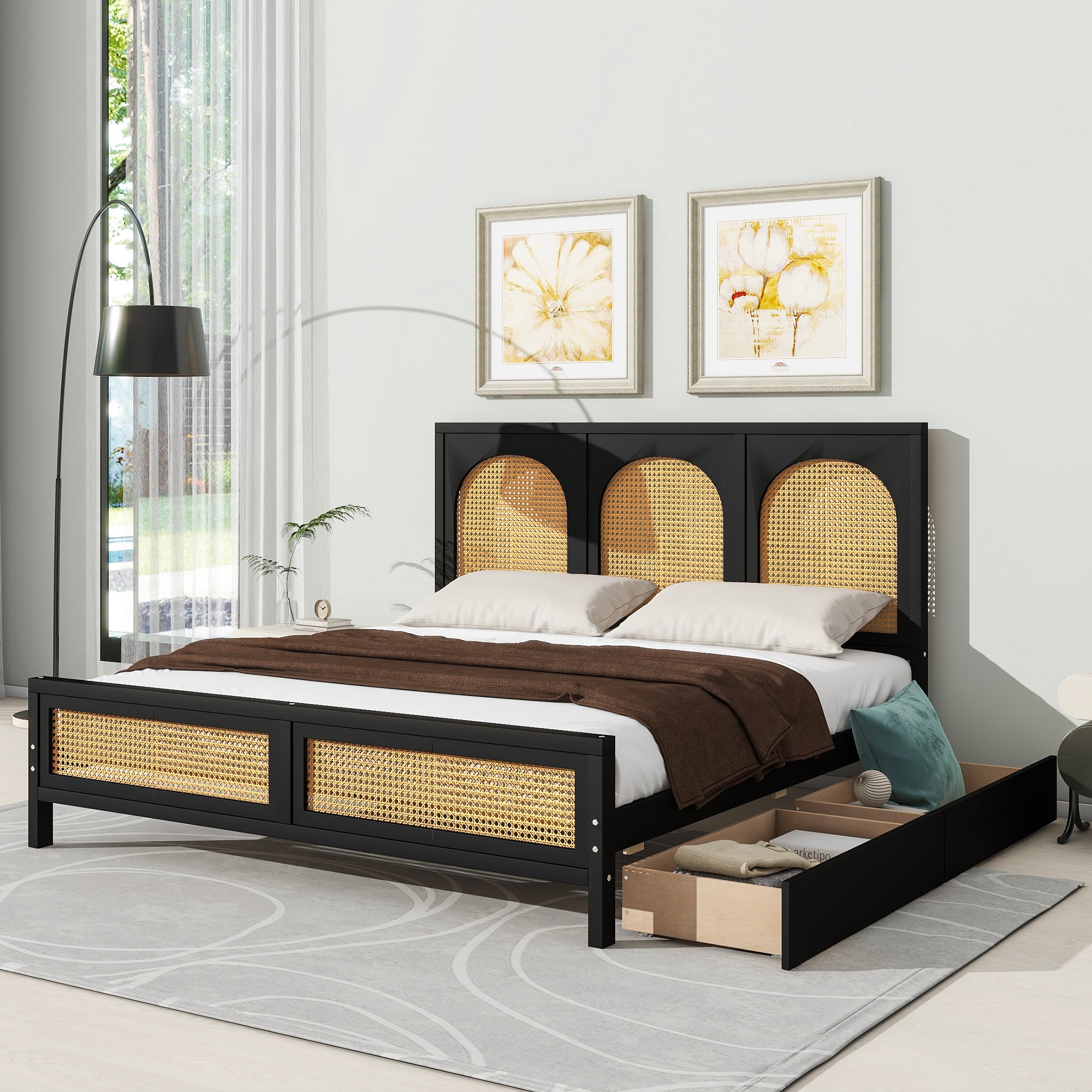 Queen Size Wood Storage Platform Bed with 2 Drawers, Rattan Headboard and Footboard, Black - Atlantic Fine Furniture Melbourne FL