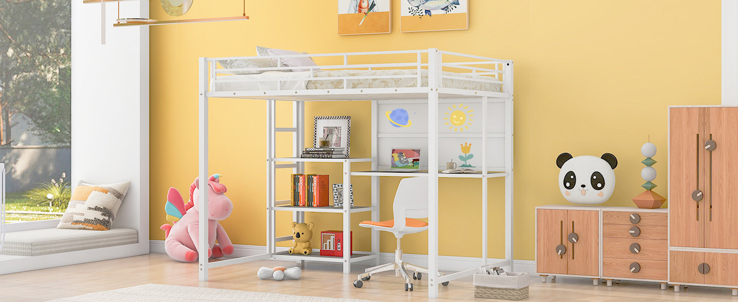 Full Size Loft Bed with Desk and Whiteboard, Metal Loft Bed with 3 Shelves and Ladder, White - Atlantic Fine Furniture Melbourne FL