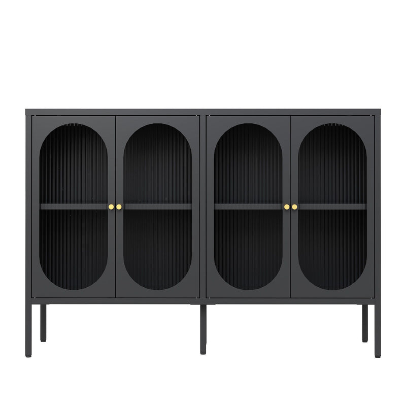 Modern Metal Sideboard Cabinet With 4 Glass Doors, Steel Kitchen Storage And Coffee Bar Cabinet - Black
