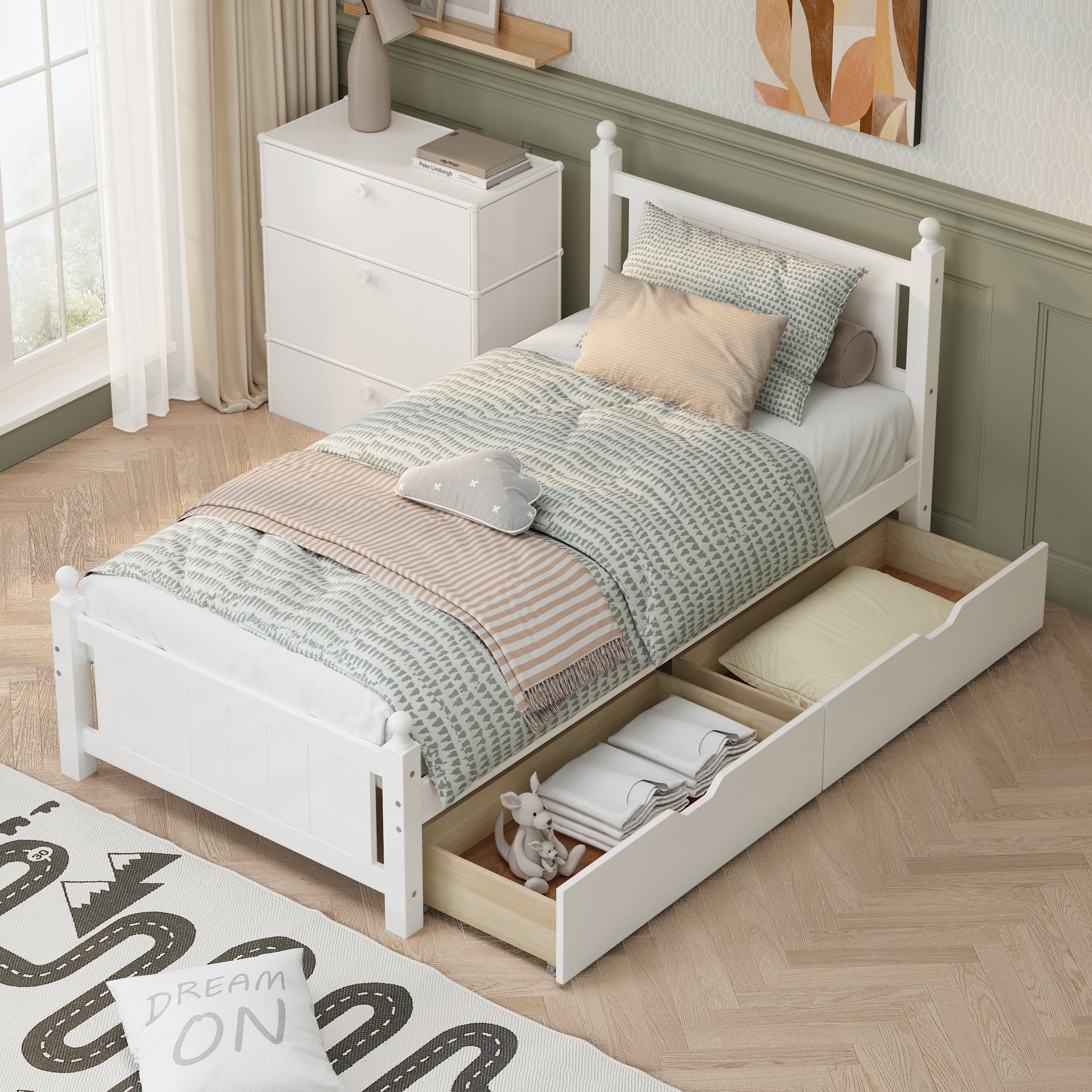 Twin Size Solid Wood Platform Bed Frame with 2 drawers for Limited Space Kids, Teens, Adults, No Need Box Spring, White - Atlantic Fine Furniture Melbourne FL