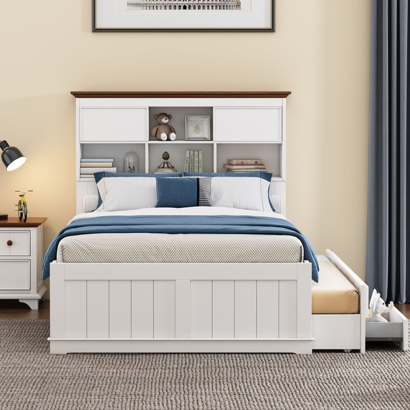 Full Solid Pine Captain Bookcase Bed With Trundle Bed And 3 Spacious Under Bed Drawers In Casual - White / Walnut