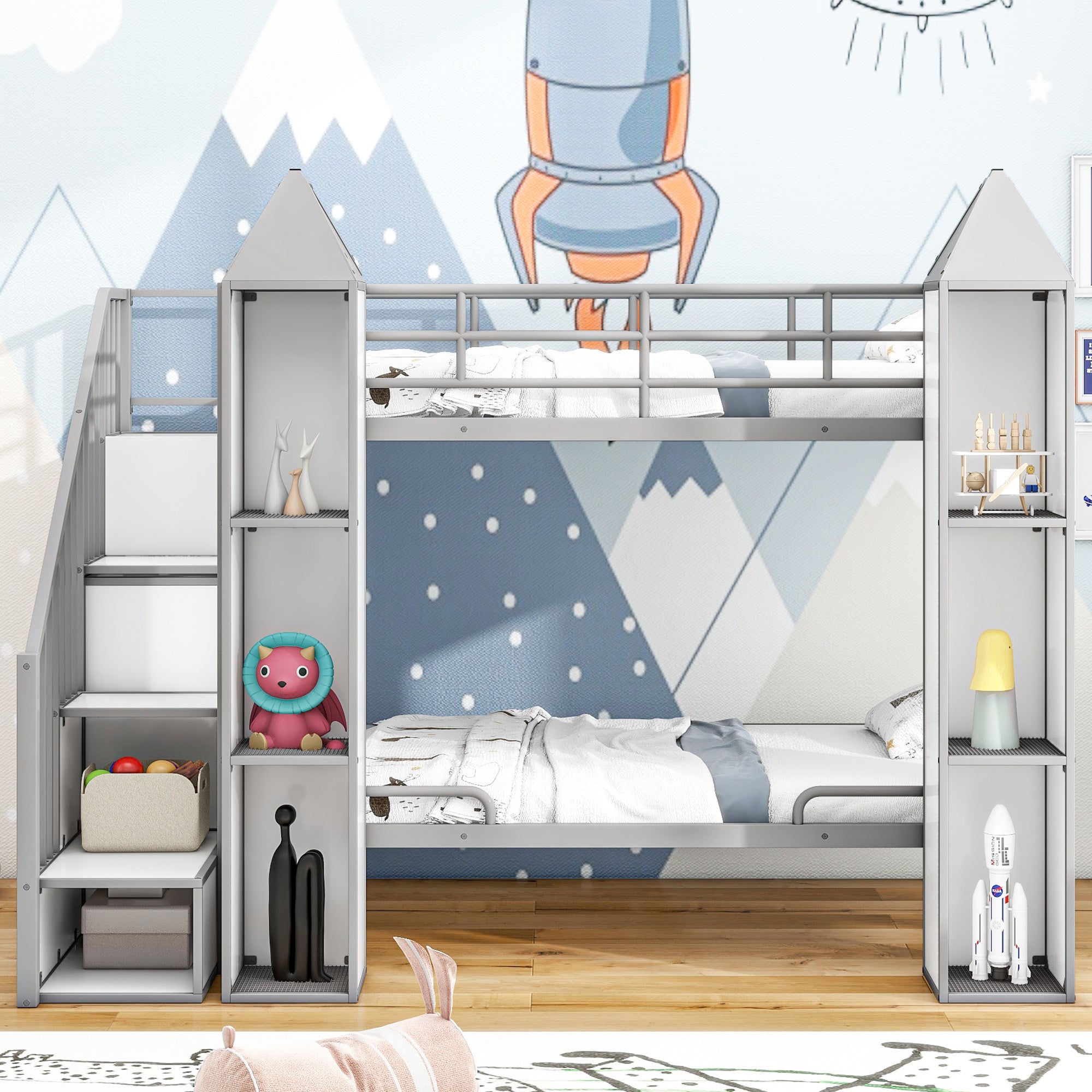Metal Twin over Twin Castle-shaped Bunk Bed with Wardrobe and Multiple Storage, Gray+White - Atlantic Fine Furniture Melbourne FL