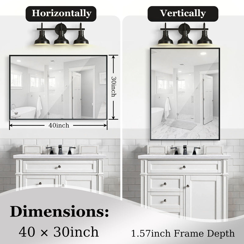40X30" Glossy Bathroom Mirrors For Wall Rectangle Vanity Mirror Corner Hangs Farmhouse Mirror Modern Metal Framed Rectangular Mirror, Decorative Square Corner Mirror (Horizontal & Vertical) - Black