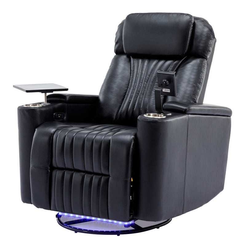 270 Degree Power Swivel Recliner, Home Theater Seating With Hidden Arm Storage And LED Light Strip, Cup Holder, 360 Degree Swivel Tray Table, And Cell Phone Holder, Soft Living Room Chair