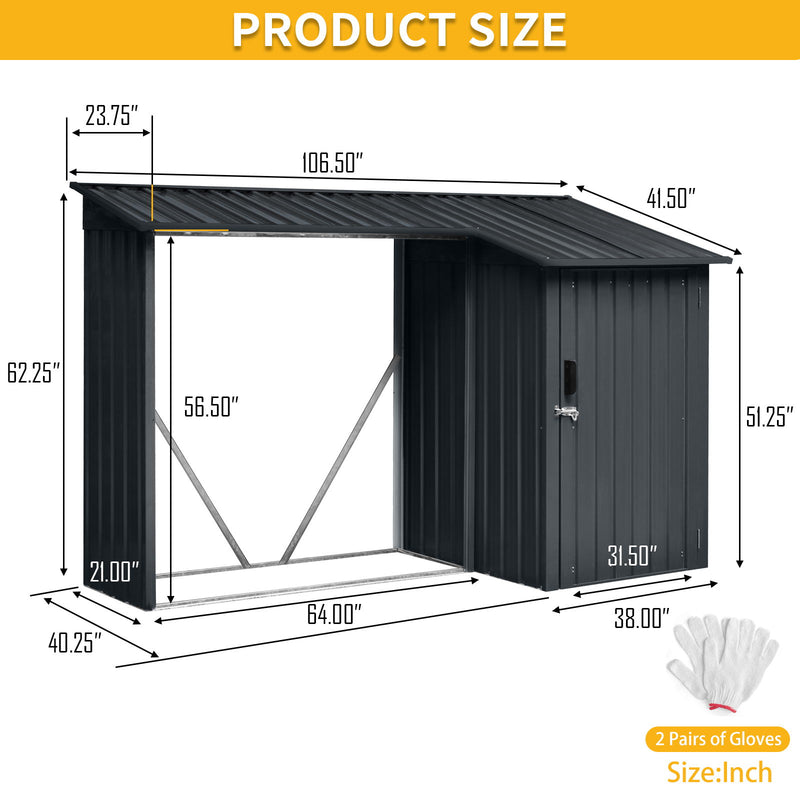 Outdoor Steel Firewood Rack And Metal Storage Shed, Two In One - Black