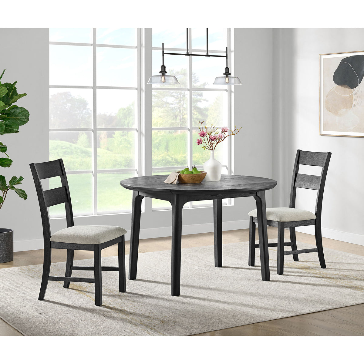 Garcia 3 Piece Dining Set (Round Drop Leaf Table And 2 Chairs) in Black by Elements International, view 5