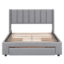 Full Size Upholstered Platform Bed with One Large Drawer in the Footboard and Drawer on Each Side,Gray