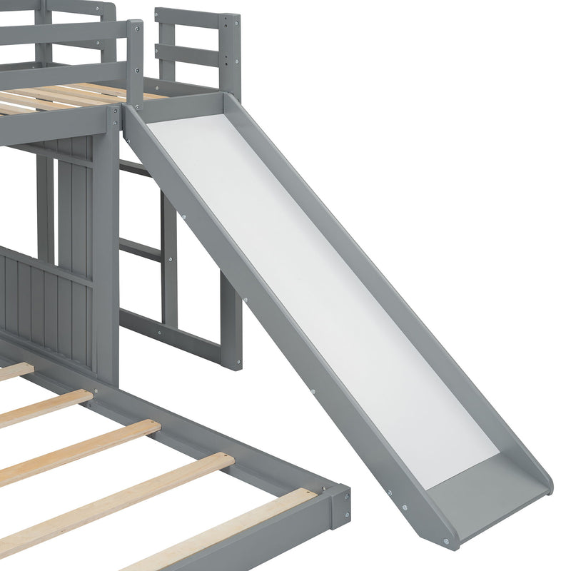 Loft Bunk Bed With Playhouse, Farmhouse, Ladder, Slide And Guardrails