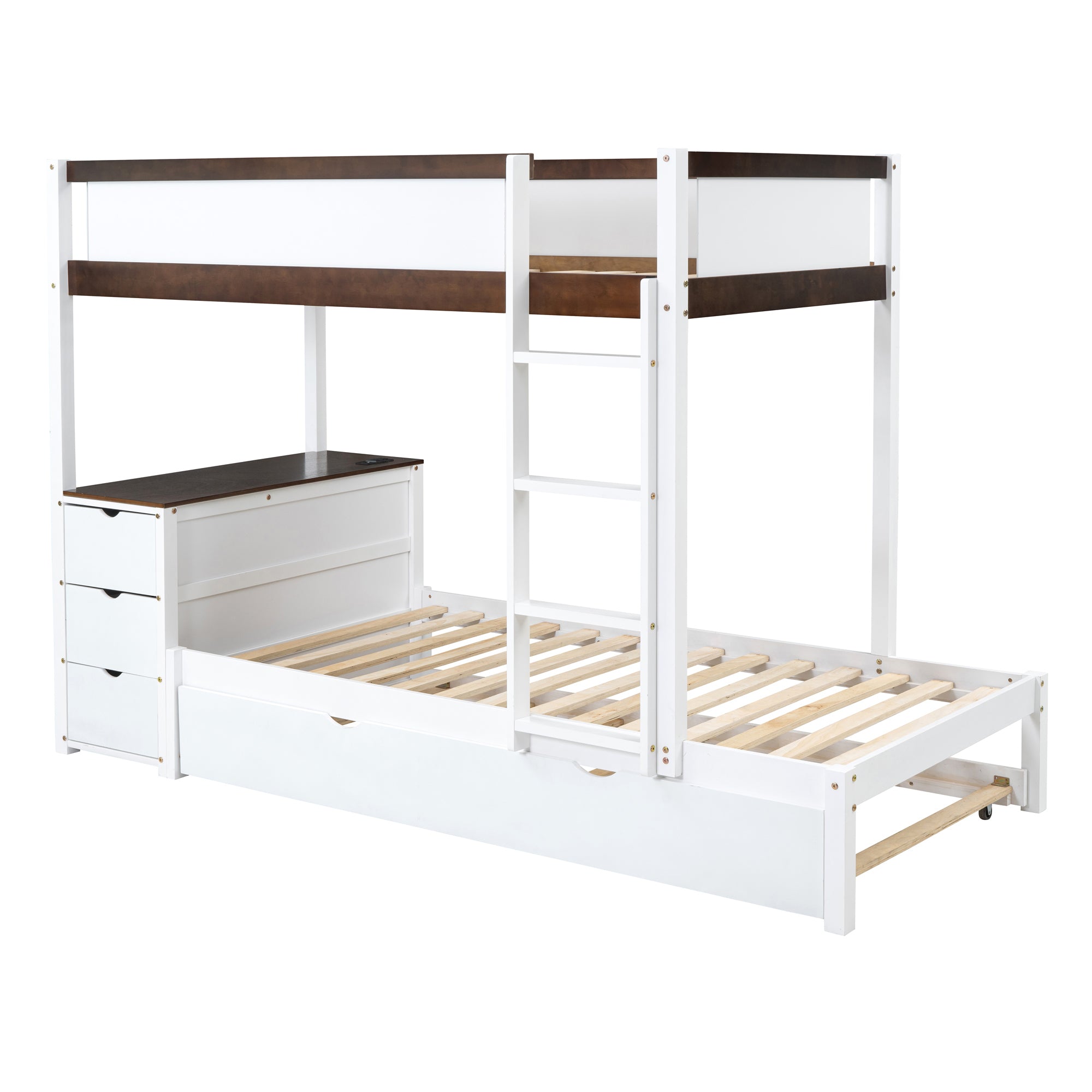 Twin-Over-Twin Bunk Bed with Twin size Trundle, Storage and Desk, White+Walnut - Atlantic Fine Furniture Melbourne FL