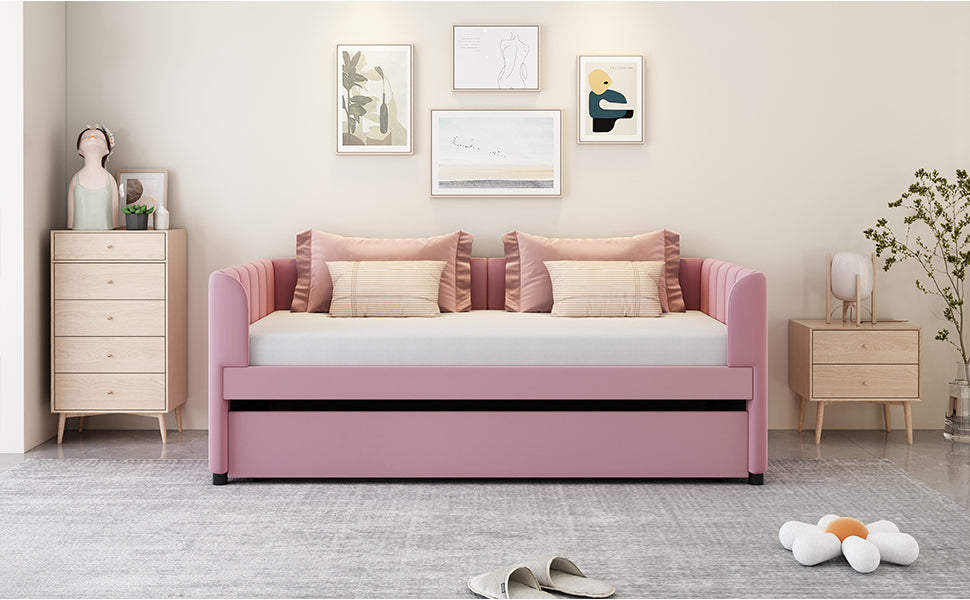 Twin Size Upholstered Daybed with Ergonomic Design Backrest and Trundle, Pink - Atlantic Fine Furniture Melbourne FL