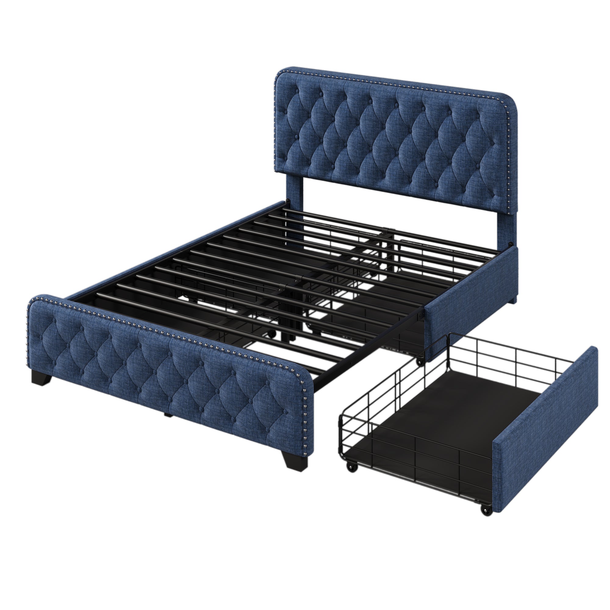Upholstered Platform Bed Frame with Four Drawers, Button Tufted Headboard and Footboard Sturdy Metal Support, No Box Spring Required, Blue, Full (Old sku:BS300281AAC) - Atlantic Fine Furniture Melbourne FL