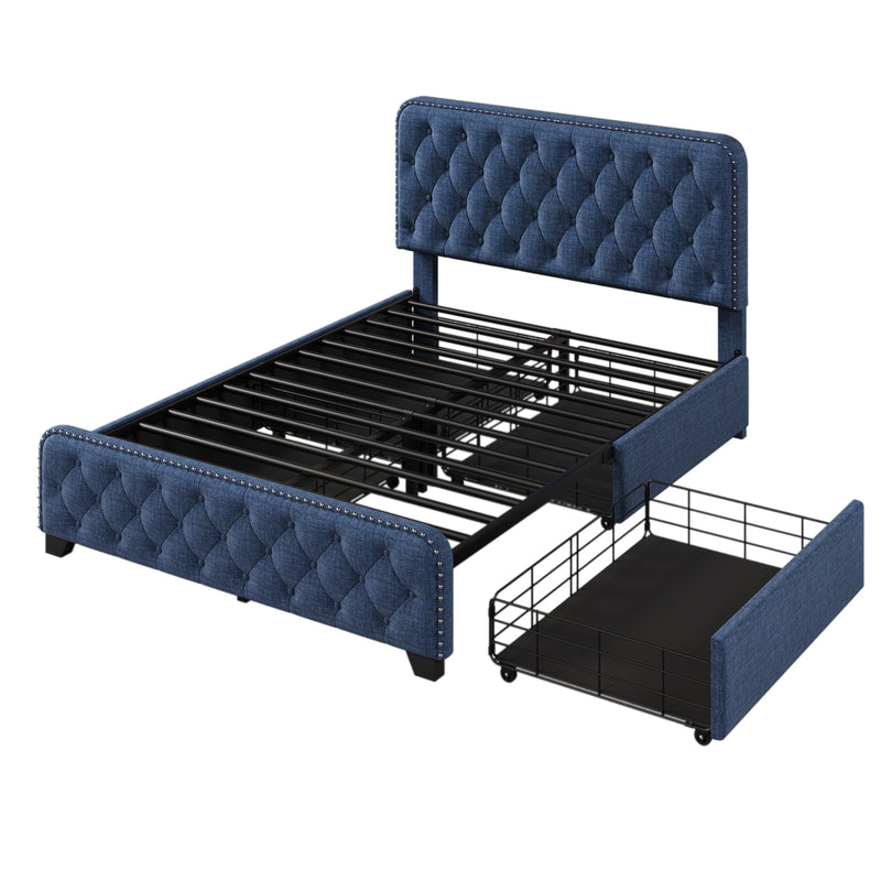 Upholstered Platform Bed Frame with Four Drawers, Button Tufted Headboard and Footboard Sturdy Metal Support, No Box Spring Required, Blue, Full (Old sku:BS300281AAC)