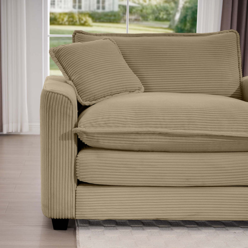 Modern Upholstered 4 Seater Corduroy Fabric Sofa With Arm And Throw Pillows