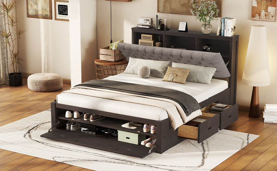 Wood Queen Size Platform Bed with Storage Headboard, shoe rack and 4 drawers,Espresso - Atlantic Fine Furniture Melbourne FL